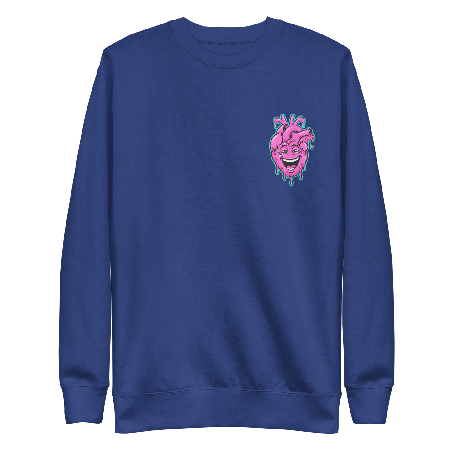 Blauer Pullover mit pinkem lachendem echten Herz und Farbtropfen Motiv