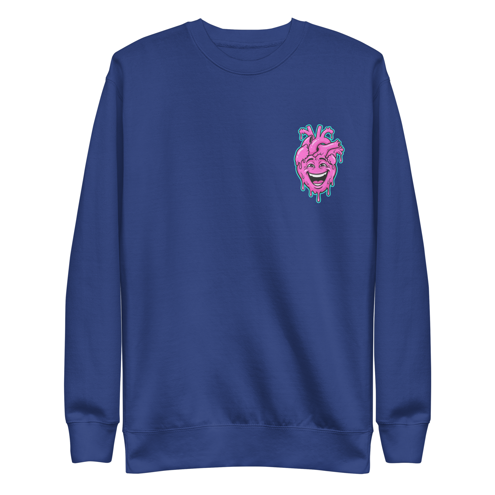 Blauer Pullover mit pinkem lachendem echten Herz und Farbtropfen Motiv