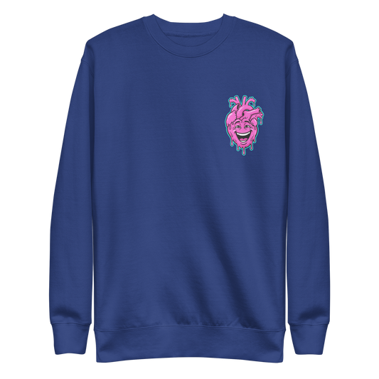 Blauer Pullover mit pinkem lachendem echten Herz und Farbtropfen Motiv