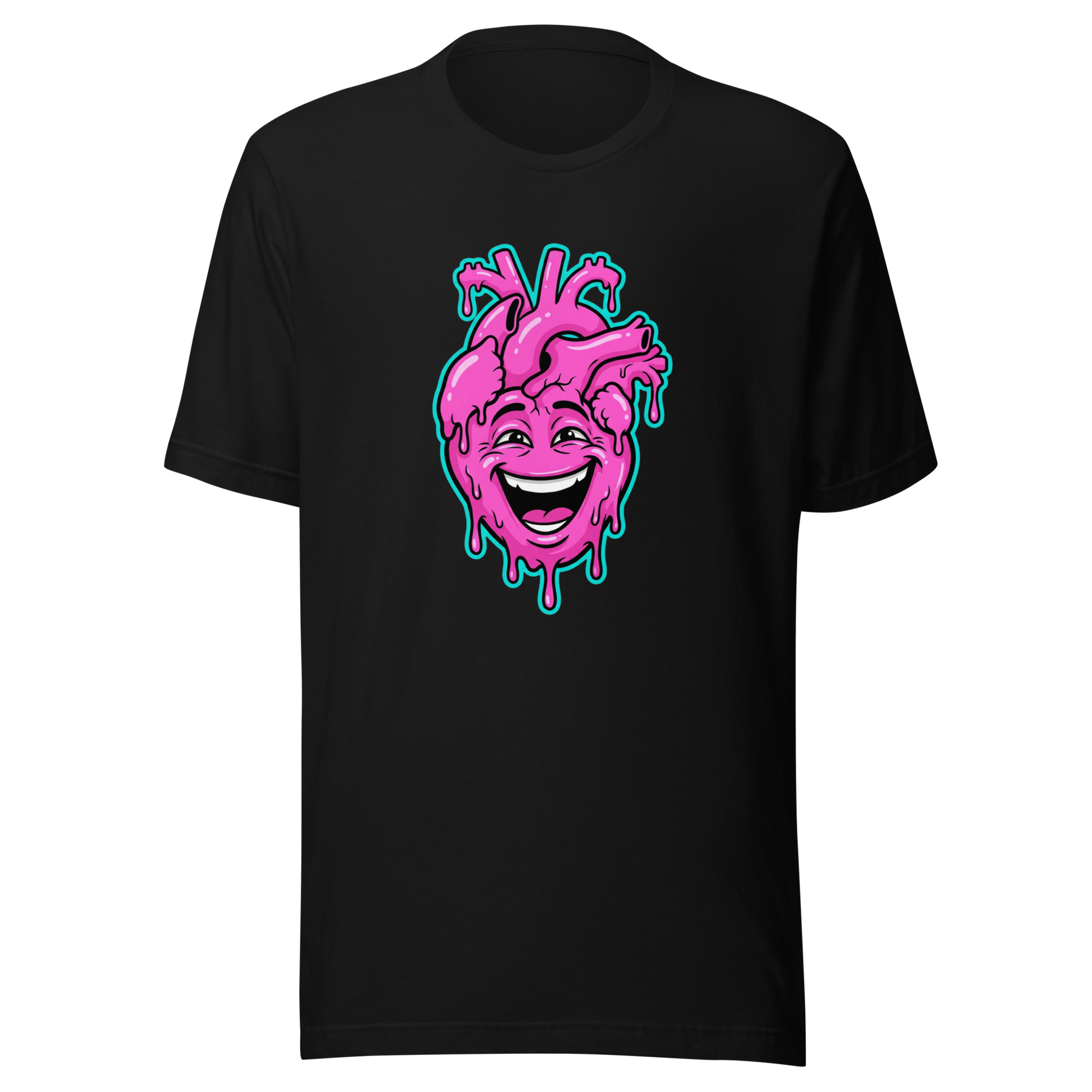 Schwarzes T-Shirt mit pinkem lachendem echten Herz und Farbtropfen Motiv