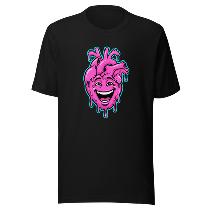 Schwarzes T-Shirt mit pinkem lachendem echten Herz und Farbtropfen Motiv