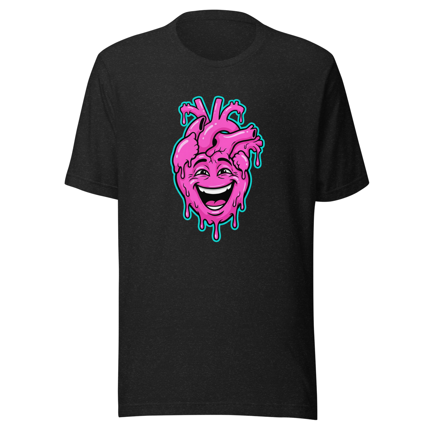 Heather schwarzes T-Shirt mit pinkem lachendem echten Herz und Farbtropfen Motiv