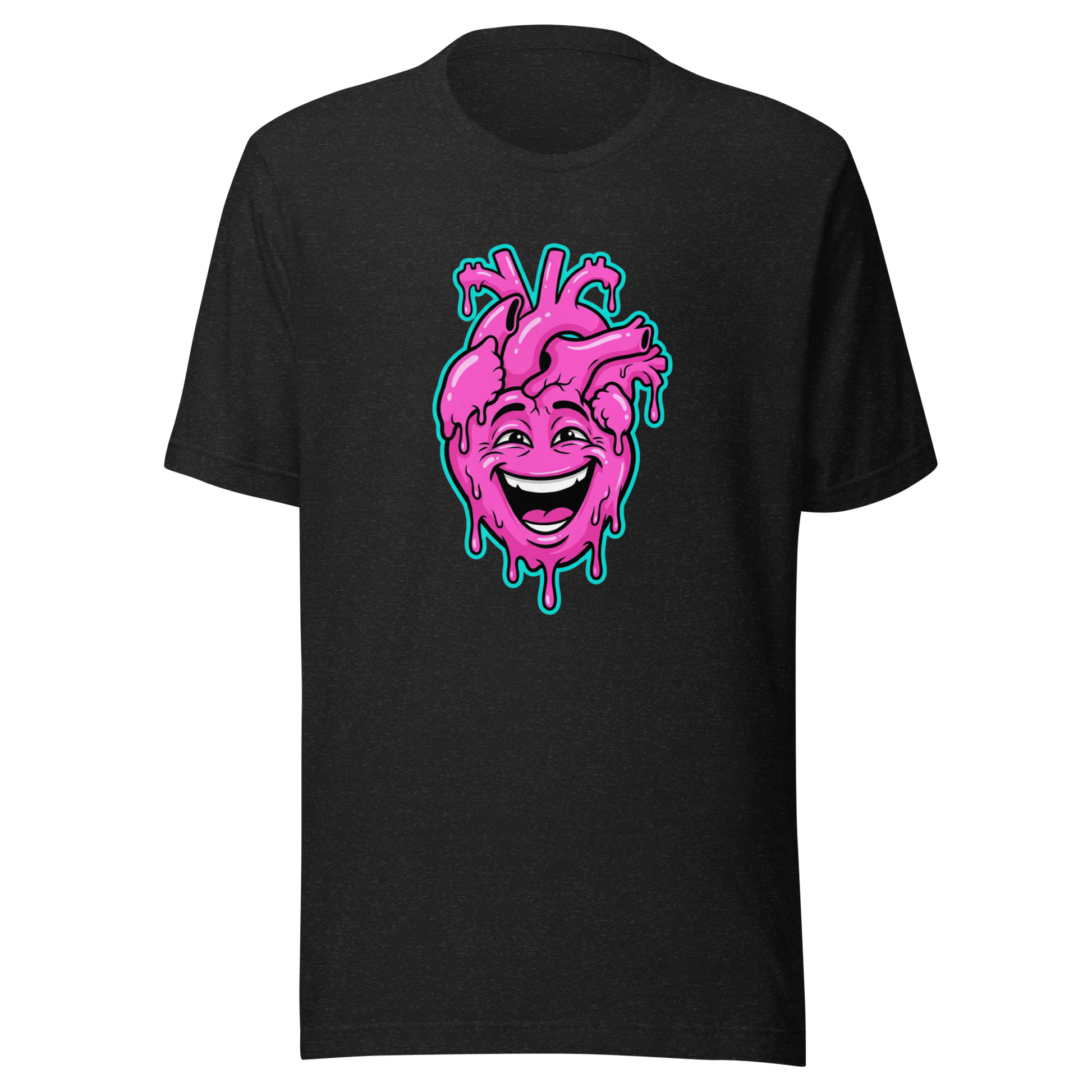 Heather schwarzes T-Shirt mit pinkem lachendem echten Herz und Farbtropfen Motiv