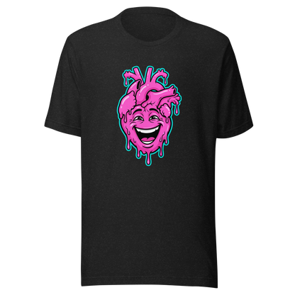 Heather schwarzes T-Shirt mit pinkem lachendem echten Herz und Farbtropfen Motiv