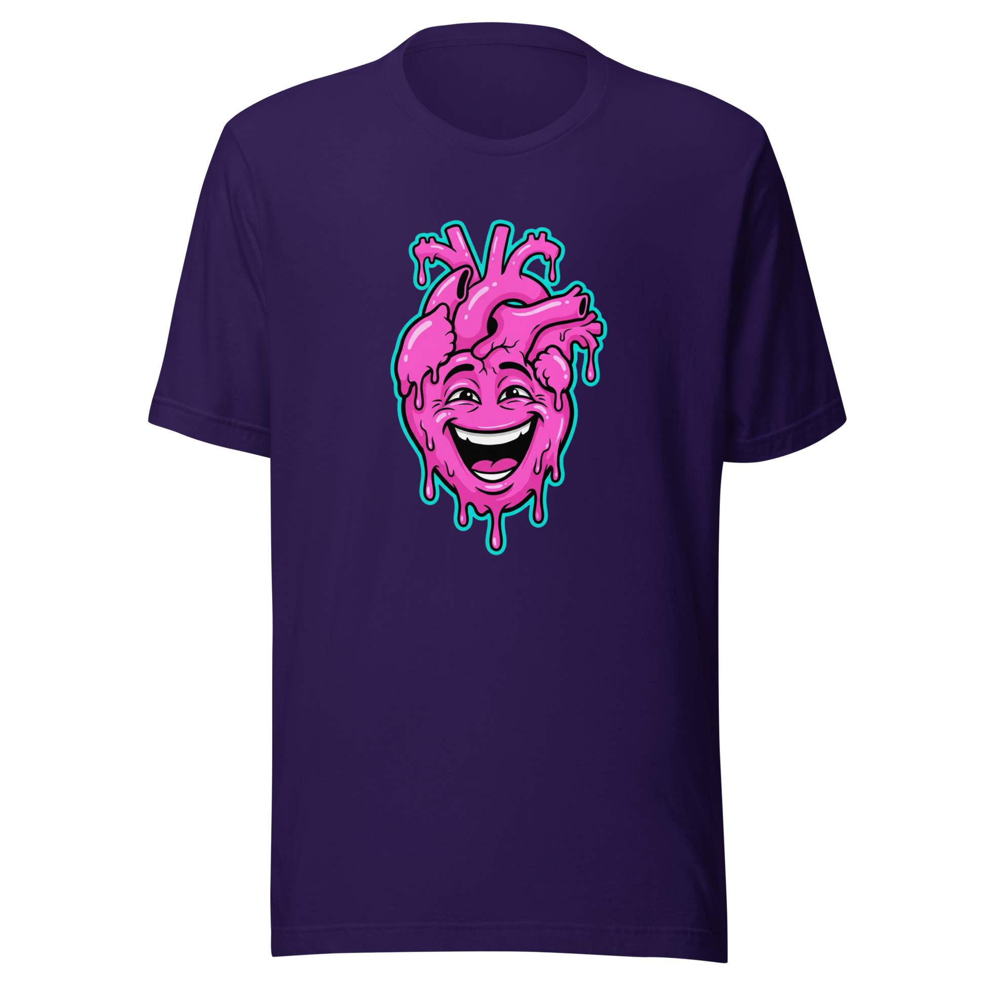 Lila T-Shirt mit pinkem lachendem echten Herz und Farbtropfen Motiv