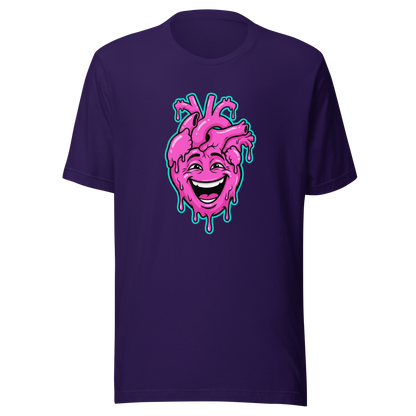 Lila T-Shirt mit pinkem lachendem echten Herz und Farbtropfen Motiv