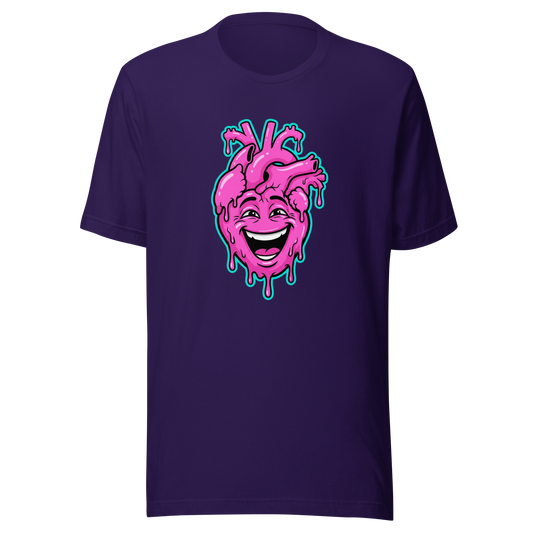 Lila T-Shirt mit pinkem lachendem echten Herz und Farbtropfen Motiv
