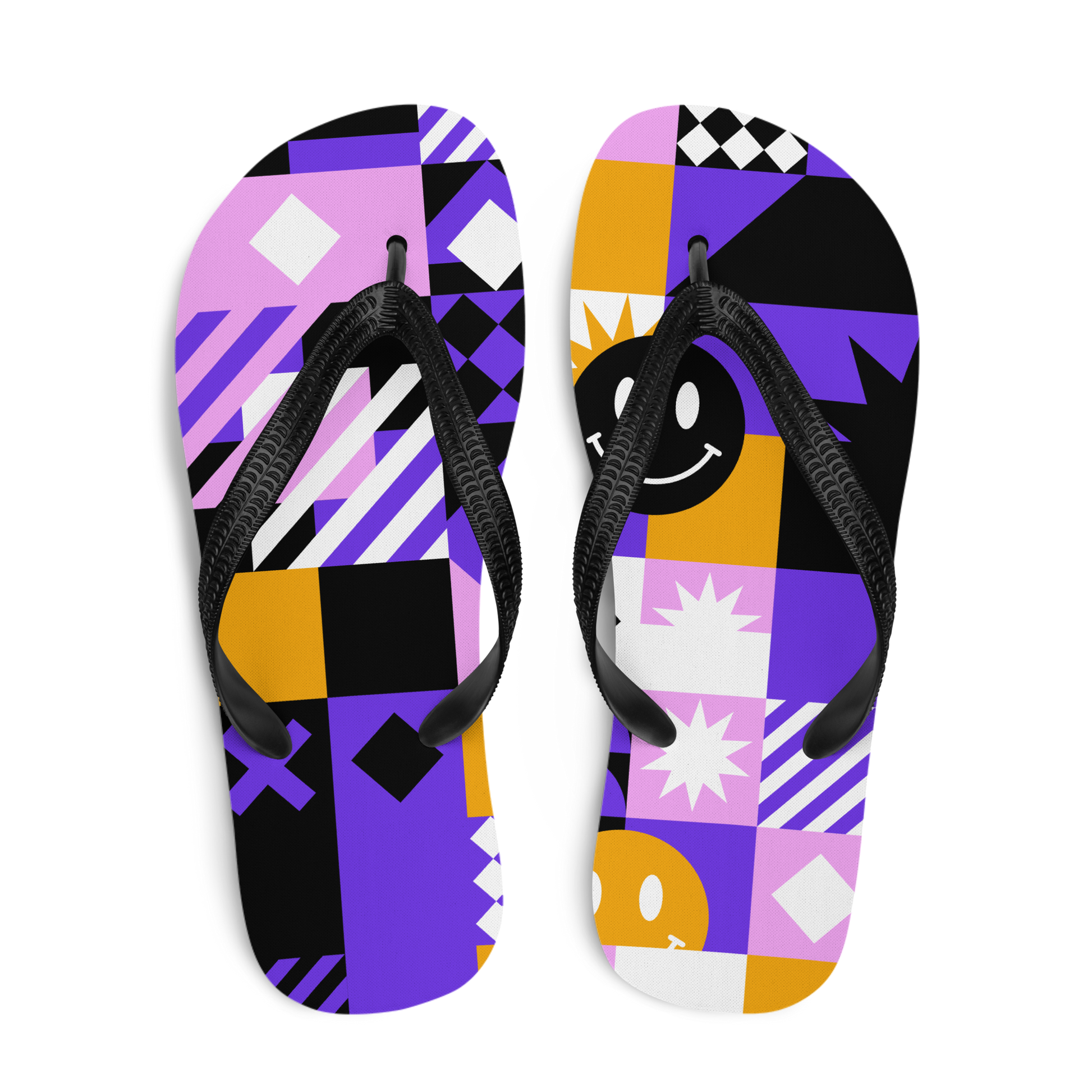 Bunte Flip-Flops mit geometrischem Muster, Sternen und Smileys