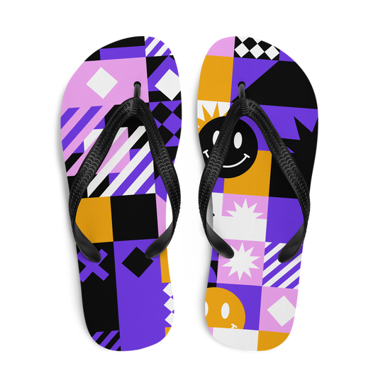 Bunte Flip-Flops mit geometrischem Muster, Sternen und Smileys