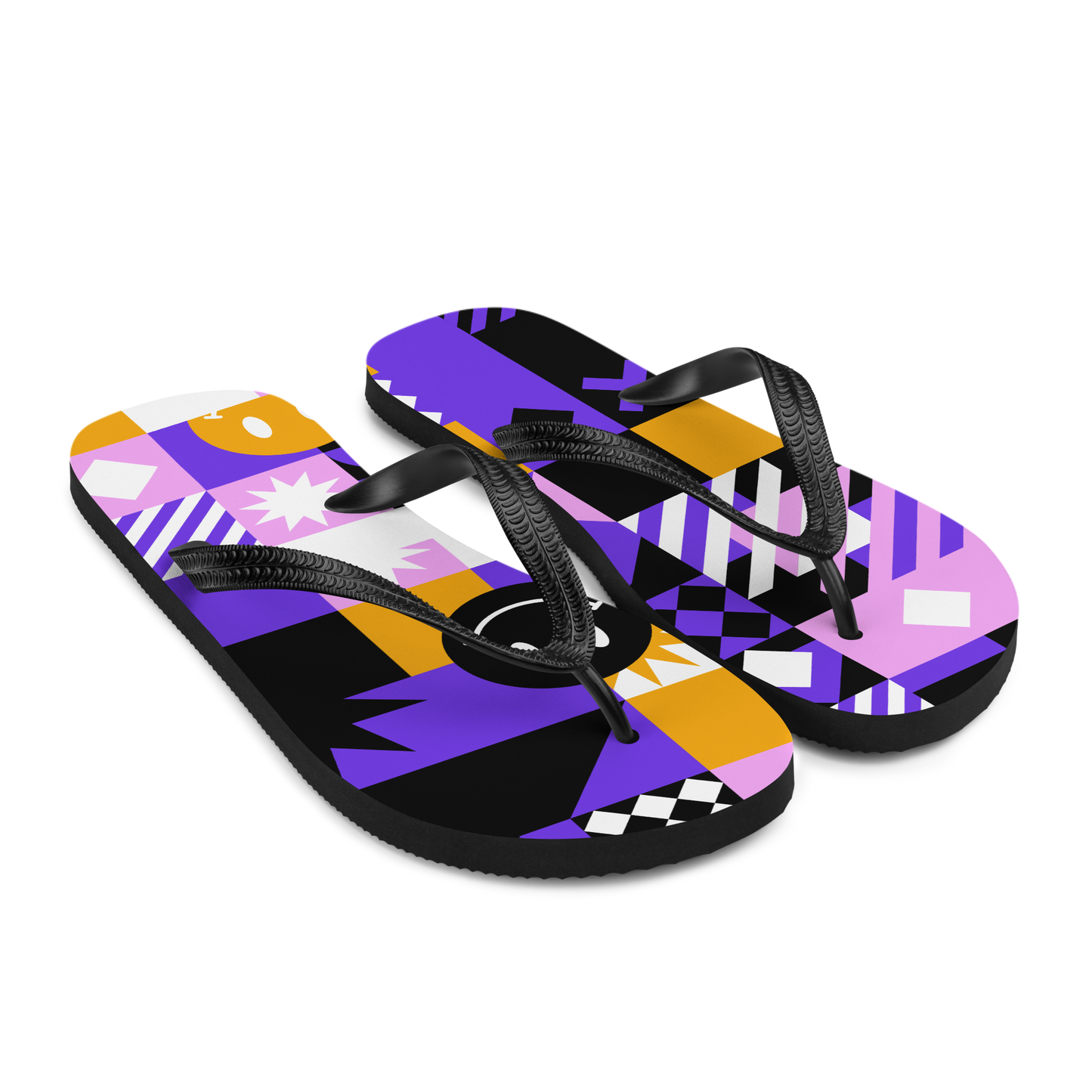 Bunte Flip-Flops mit geometrischem Muster, Sternen und Smileys Seitenansicht