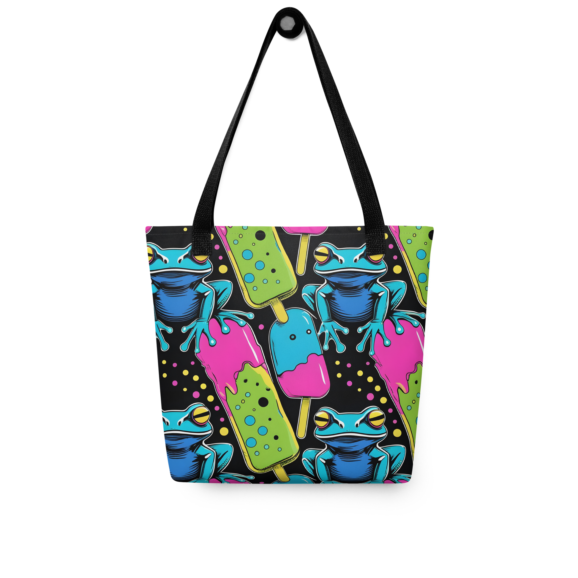All-Over Stoffbeutel mit bunten Giftfröschen und Eis am Stiel Print und schwarzem Henkel