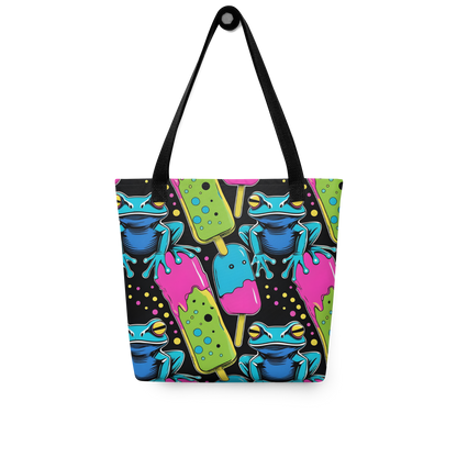 All-Over Stoffbeutel mit bunten Giftfröschen und Eis am Stiel Print und schwarzem Henkel
