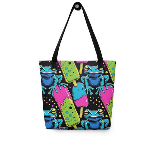 All-Over Stoffbeutel mit bunten Giftfröschen und Eis am Stiel Print und schwarzem Henkel