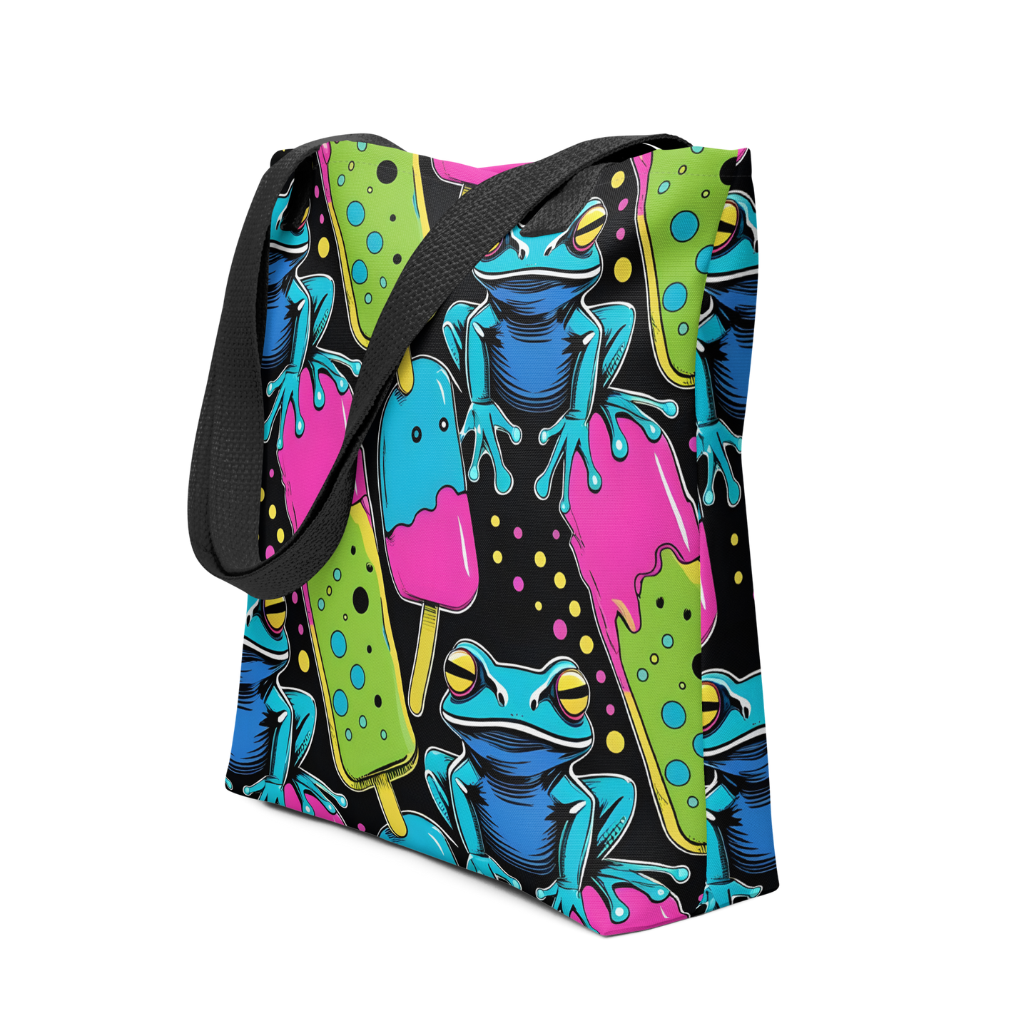 All-Over Stoffbeutel mit bunten Giftfröschen und Eis am Stiel Print und schwarzem Henkel, Seitenansicht