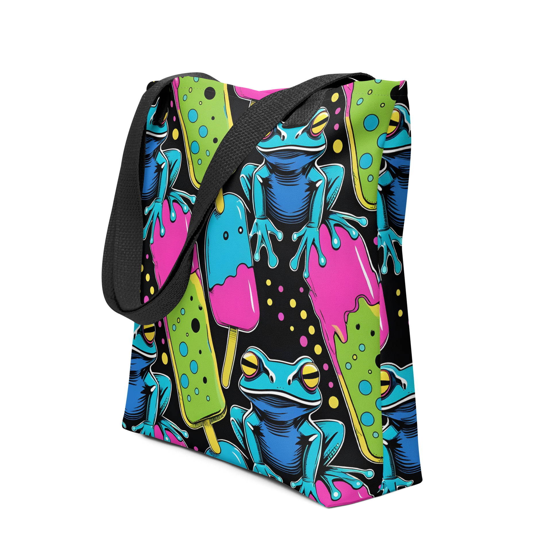 All-Over Stoffbeutel mit bunten Giftfröschen und Eis am Stiel Print und schwarzem Henkel, Seitenansicht