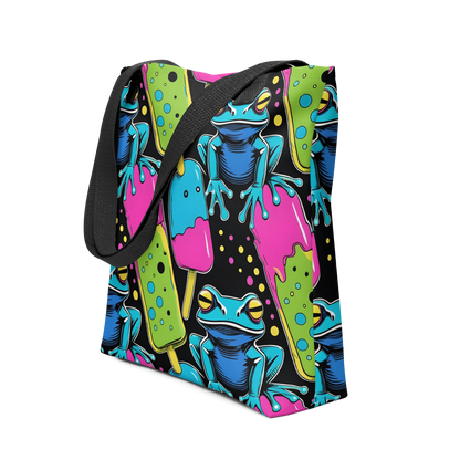 All-Over Stoffbeutel mit bunten Giftfröschen und Eis am Stiel Print und schwarzem Henkel, Seitenansicht