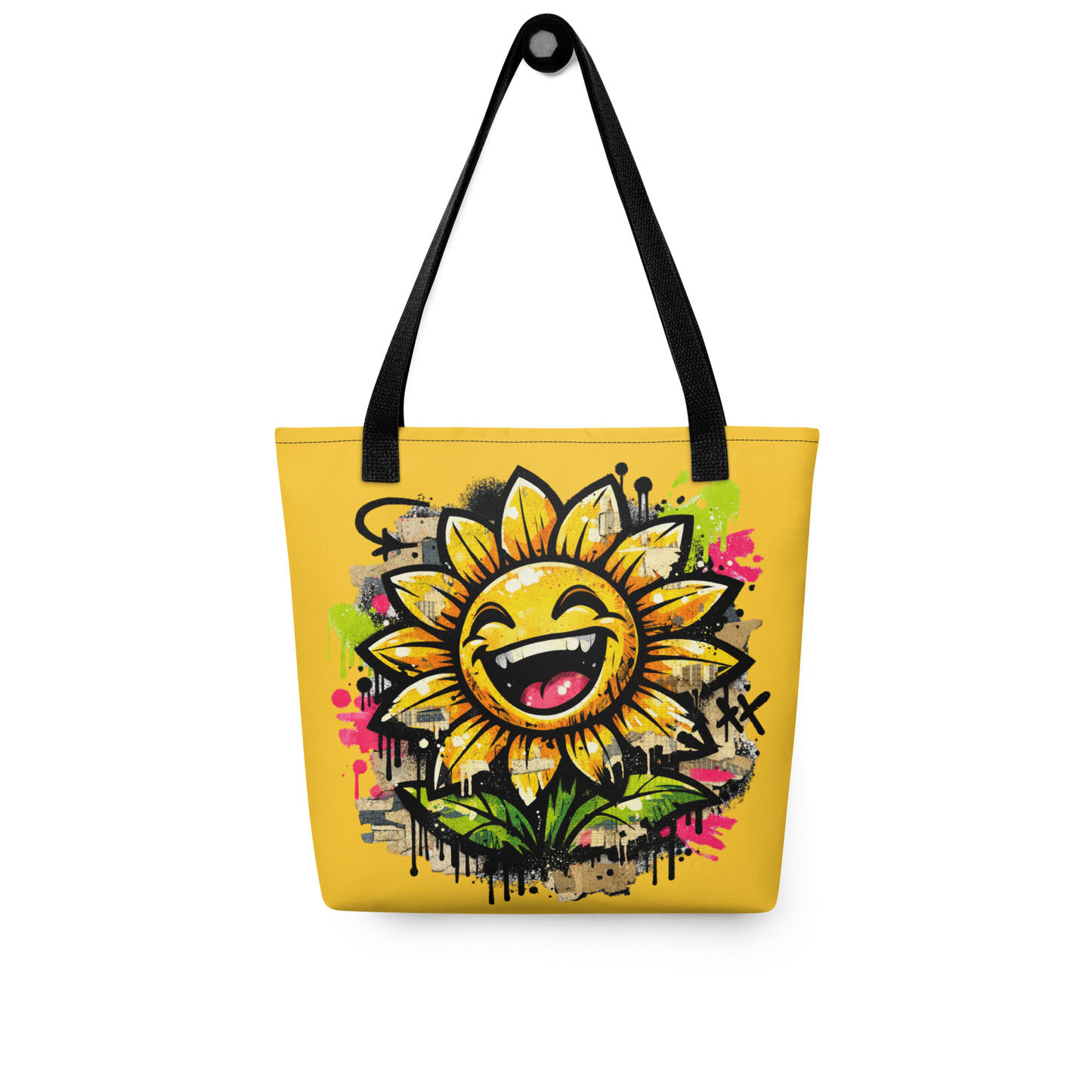 Gelber All Over Stoffbeutel mit lachender Sonnenblume als bunter Streetart Print