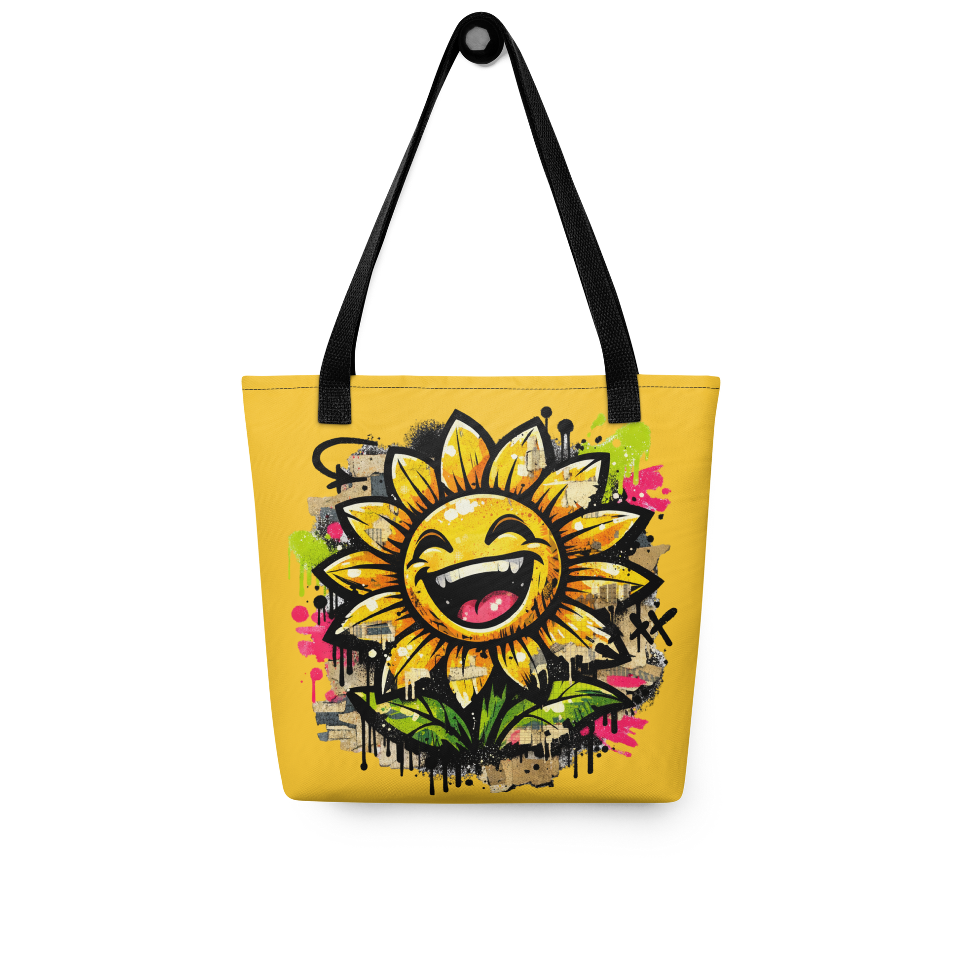 Gelber All Over Stoffbeutel mit lachender Sonnenblume als bunter Streetart Print
