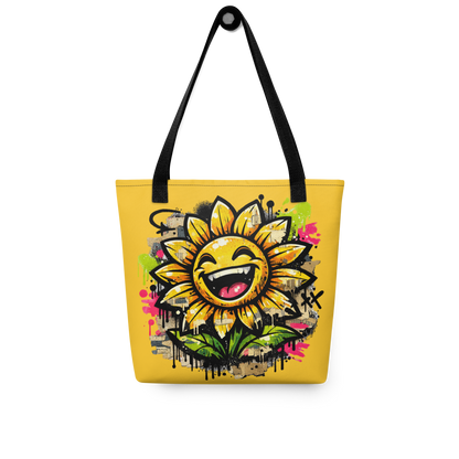 Gelber All Over Stoffbeutel mit lachender Sonnenblume als bunter Streetart Print