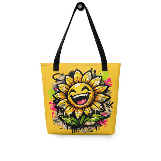 Gelber All Over Stoffbeutel mit lachender Sonnenblume als bunter Streetart Print