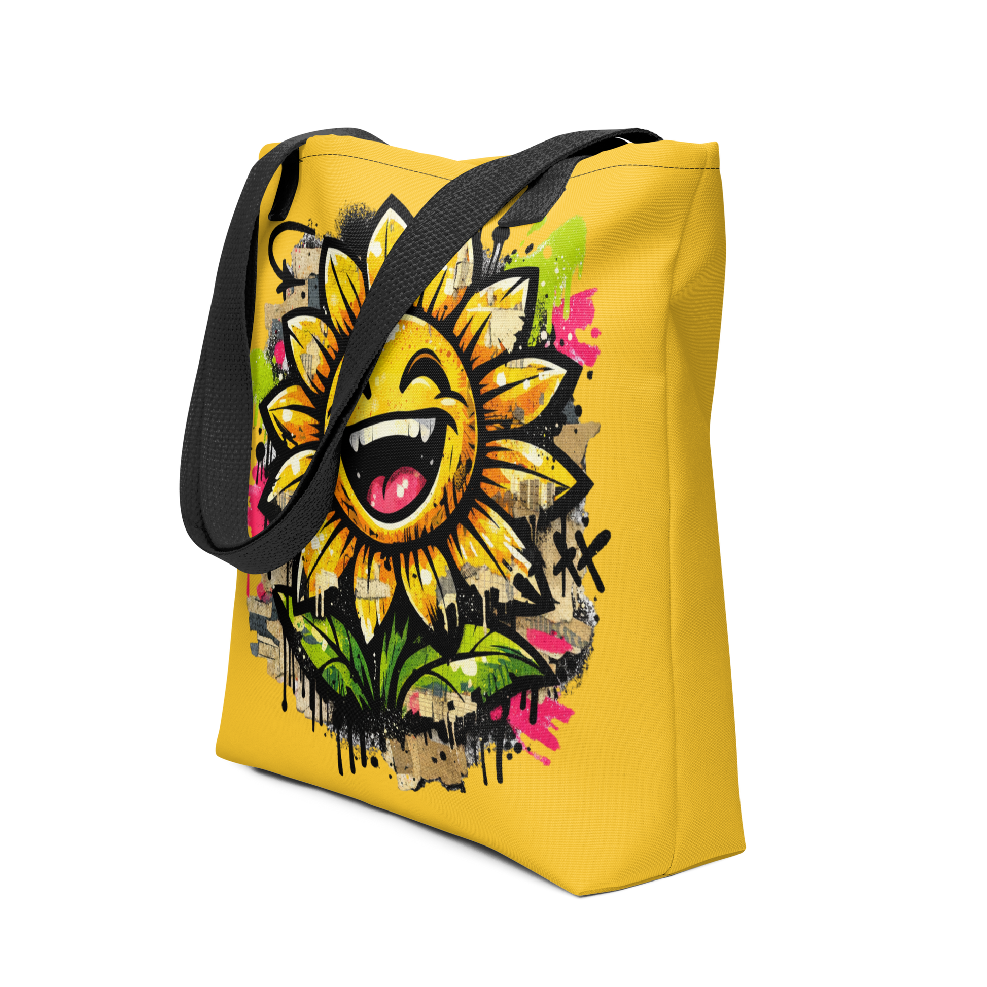 Gelber All Over Stoffbeutel mit lachender Sonnenblume als bunter Streetart Print, Seitenansicht