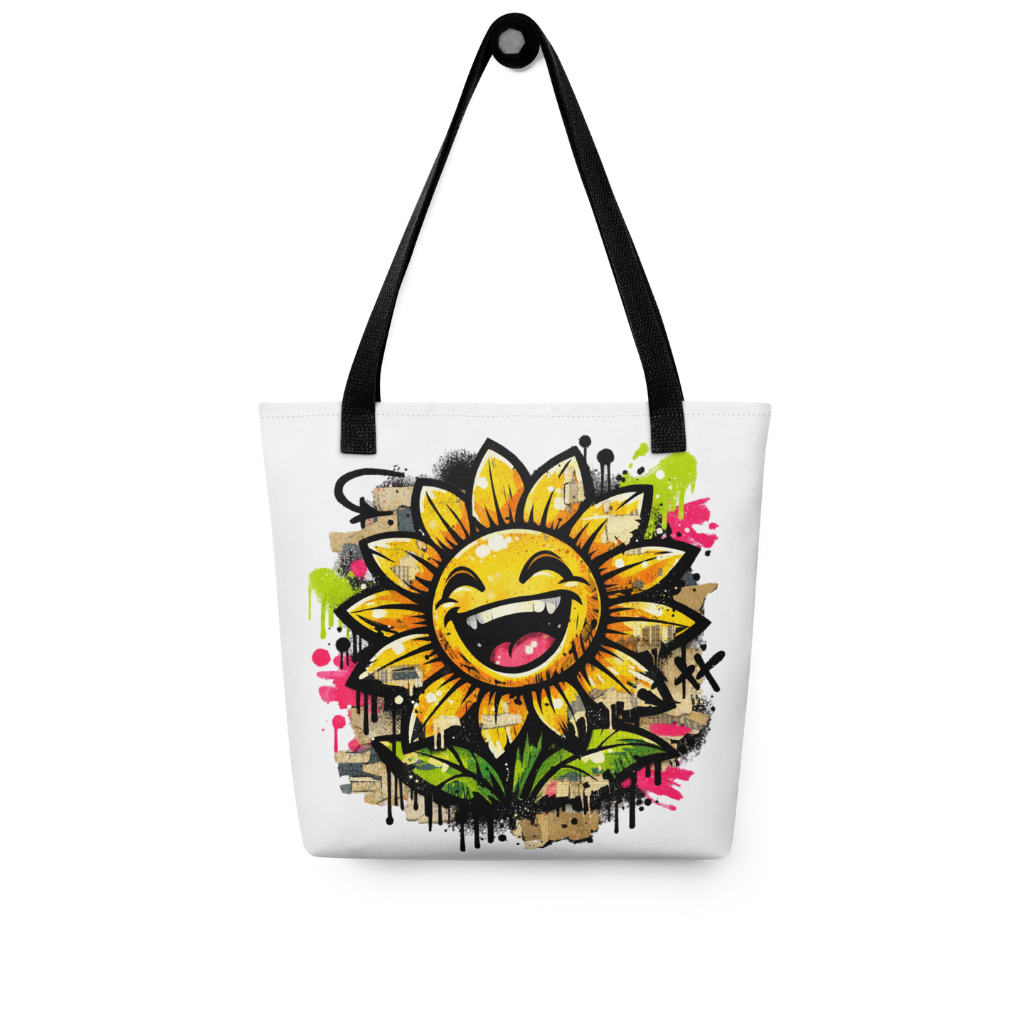 Weißer All Over Stoffbeutel mit lachender Sonnenblume als bunter Streetart Print