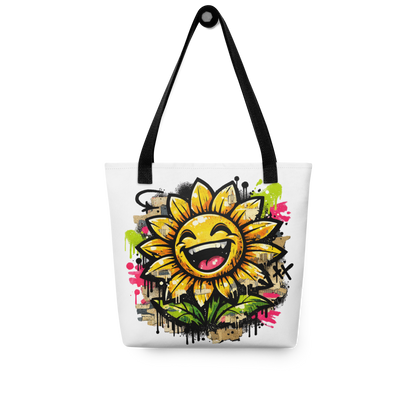 Weißer All Over Stoffbeutel mit lachender Sonnenblume als bunter Streetart Print