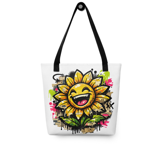 Weißer All Over Stoffbeutel mit lachender Sonnenblume als bunter Streetart Print
