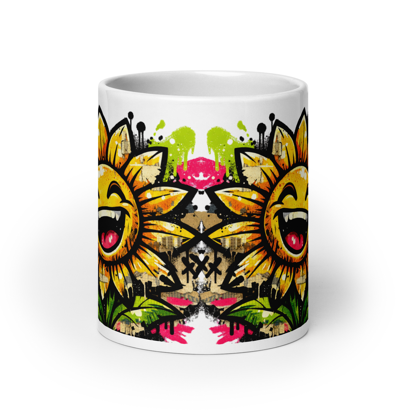 Weiße Tasse mit lachender Sonnenblume Motiv im Streetart Style