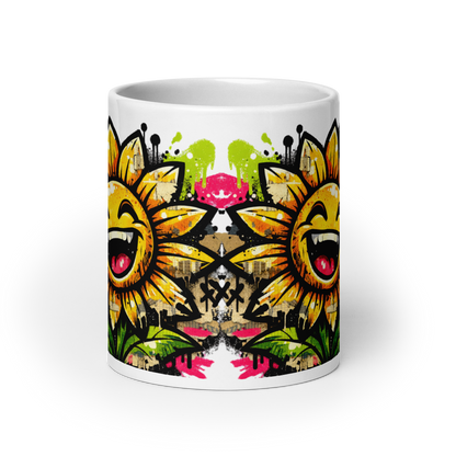 Weiße Tasse mit lachender Sonnenblume Motiv im Streetart Style