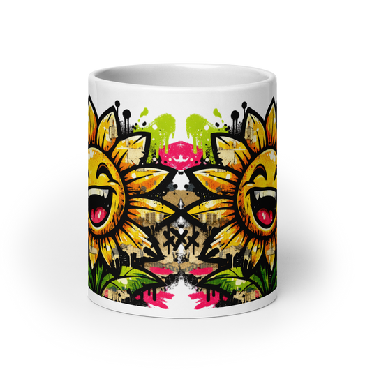 Weiße Tasse mit lachender Sonnenblume Motiv im Streetart Style