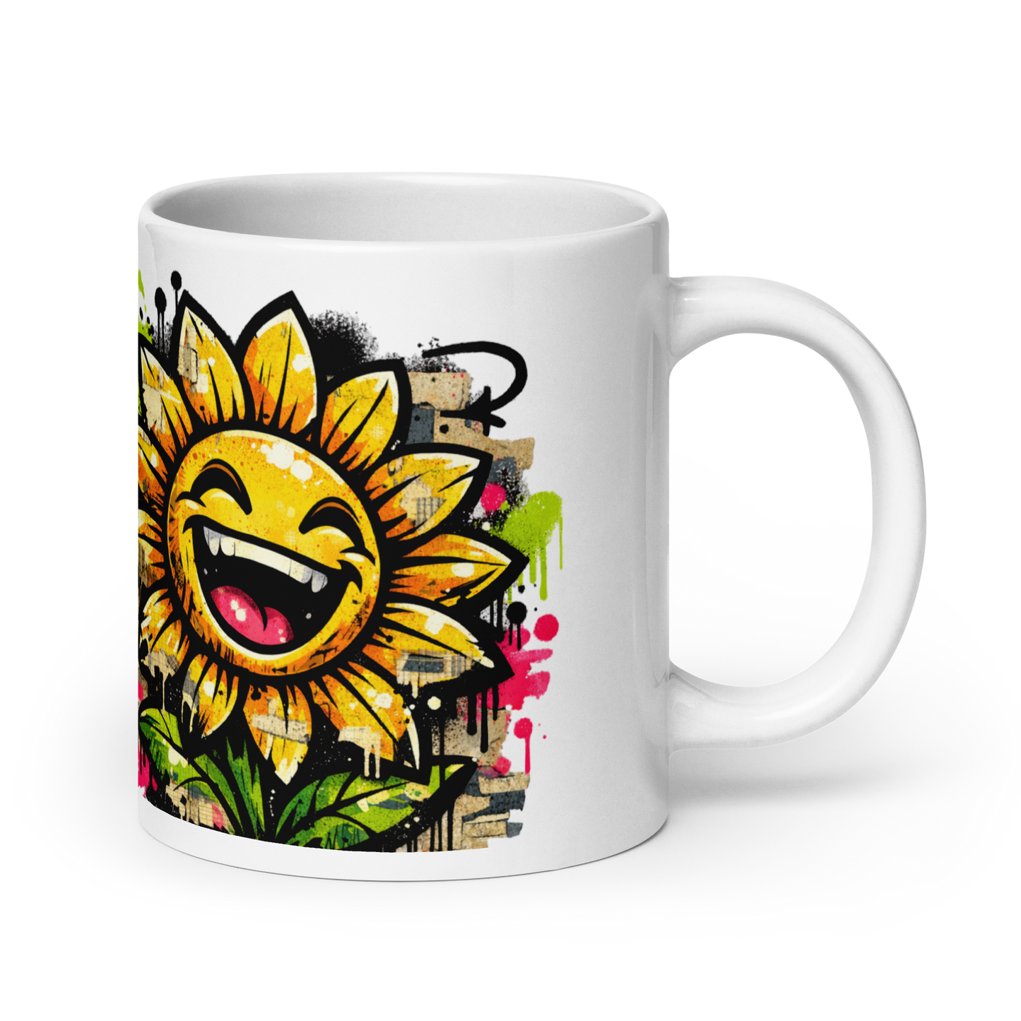Weiße Tasse mit lachender Sonnenblume Motiv im Streetart Style, Rechte Seitenansicht