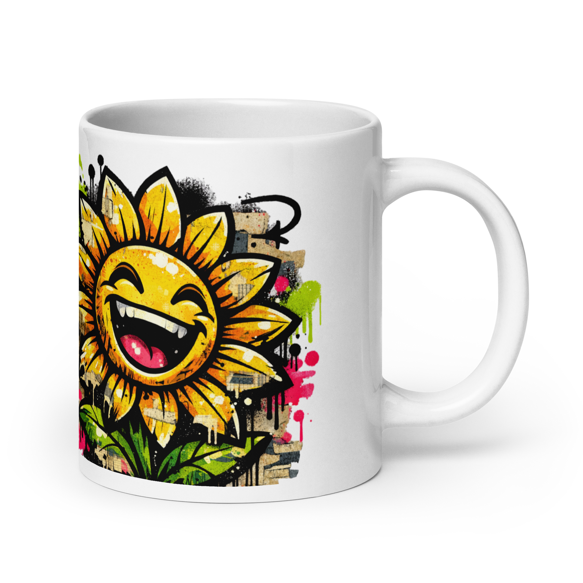 Weiße Tasse mit lachender Sonnenblume Motiv im Streetart Style, Rechte Seitenansicht