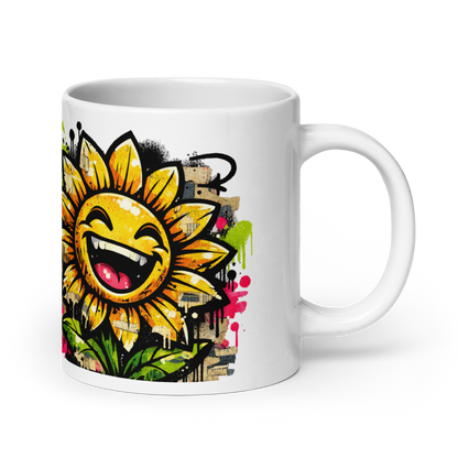 Weiße Tasse mit lachender Sonnenblume Motiv im Streetart Style, Rechte Seitenansicht