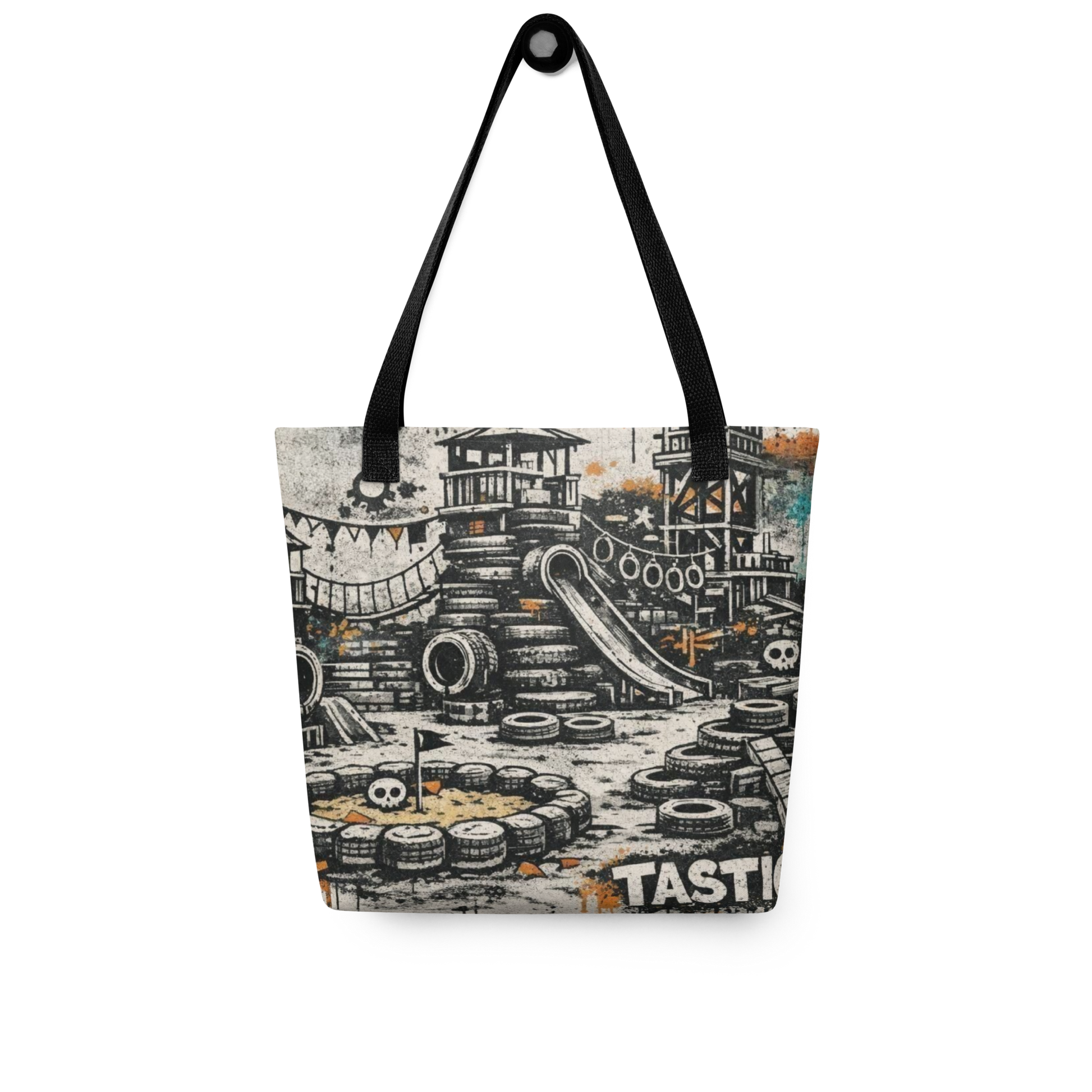 All Over Stoffbeutel mit Spielplatz aus Autoreifen im Streetart Look, Rückseite