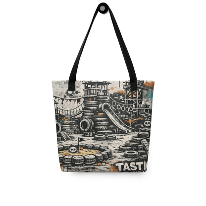 All Over Stoffbeutel mit Spielplatz aus Autoreifen im Streetart Look, Rückseite