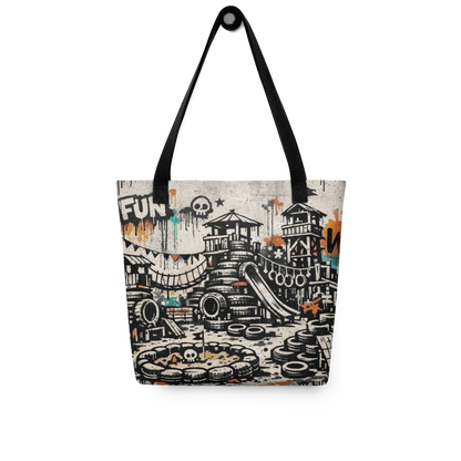 All Over Stoffbeutel mit Spielplatz aus Autoreifen im Streetart Look