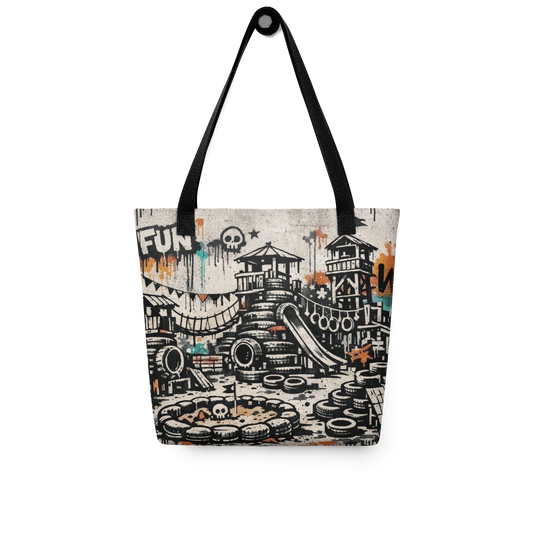 All Over Stoffbeutel mit Spielplatz aus Autoreifen im Streetart Look