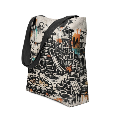 All Over Stoffbeutel mit Spielplatz aus Autoreifen im Streetart Look, Seitenansicht
