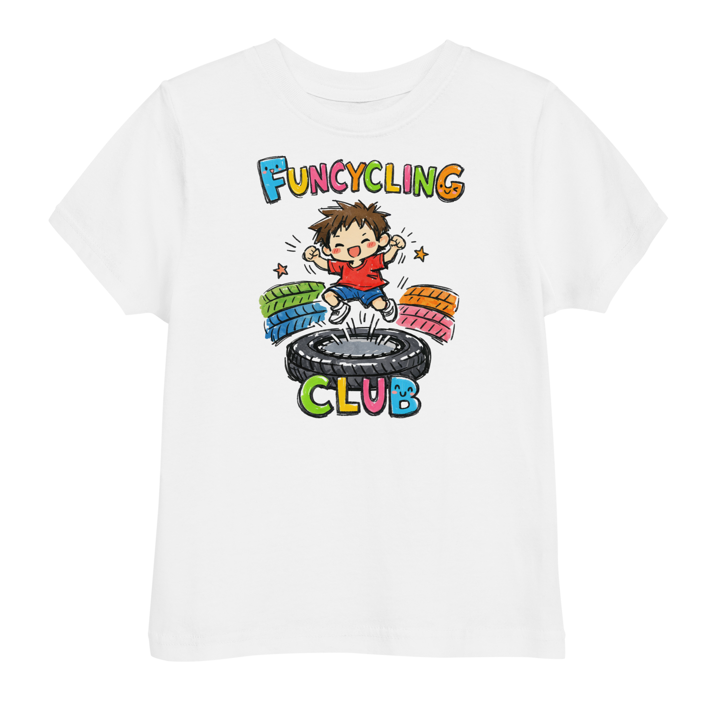 Ein weißes T-Shirt mit buntem "Funcycling Club" Print und einem Jungen der auf einem Reifen Trampolin springt