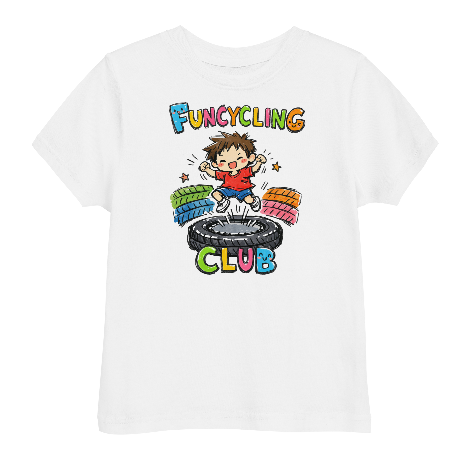 Ein weißes T-Shirt mit buntem "Funcycling Club" Print und einem Jungen der auf einem Reifen Trampolin springt
