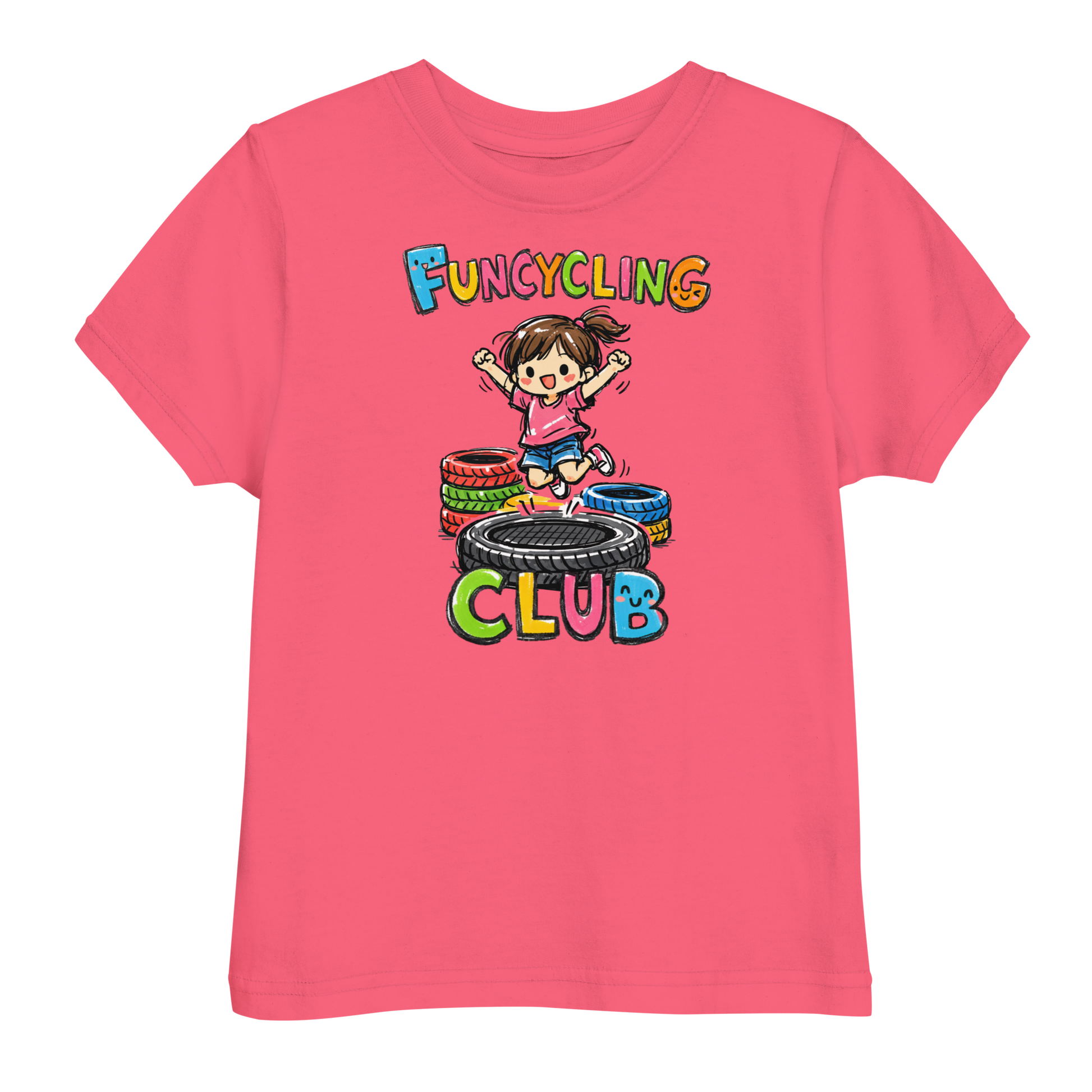 Ein pinkes T-Shirt mit buntem "Funcycling Club" Print und einem Mädchen, das auf einem Reifen Trampolin springt