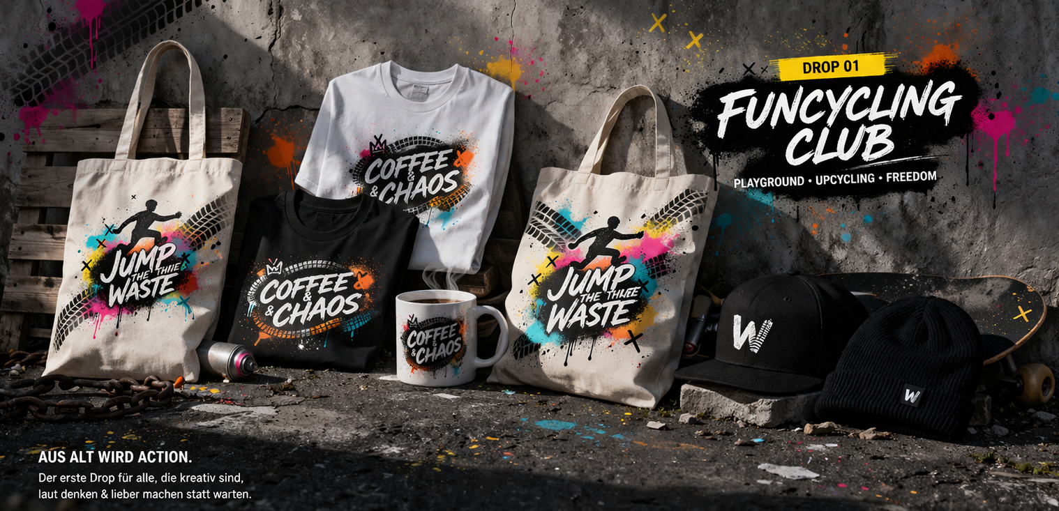 T-Shirts, Kaffetasse, Beutel, Mütze und Cap bunt besprüht