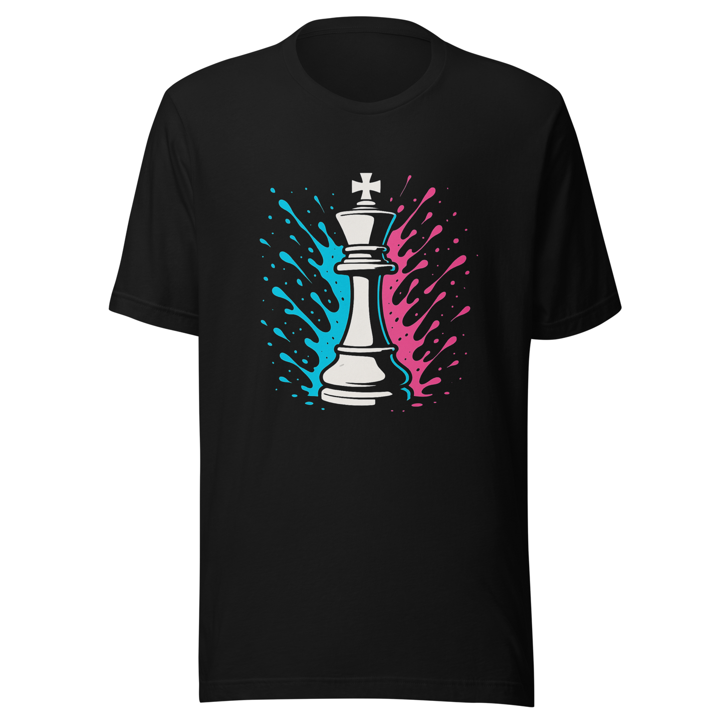Schwarzes Partnerlook T-Shirt mit Schach König und blau pinken Farbspritzern
