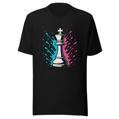 Schwarzes Partnerlook T-Shirt mit Schach König und blau pinken Farbspritzern