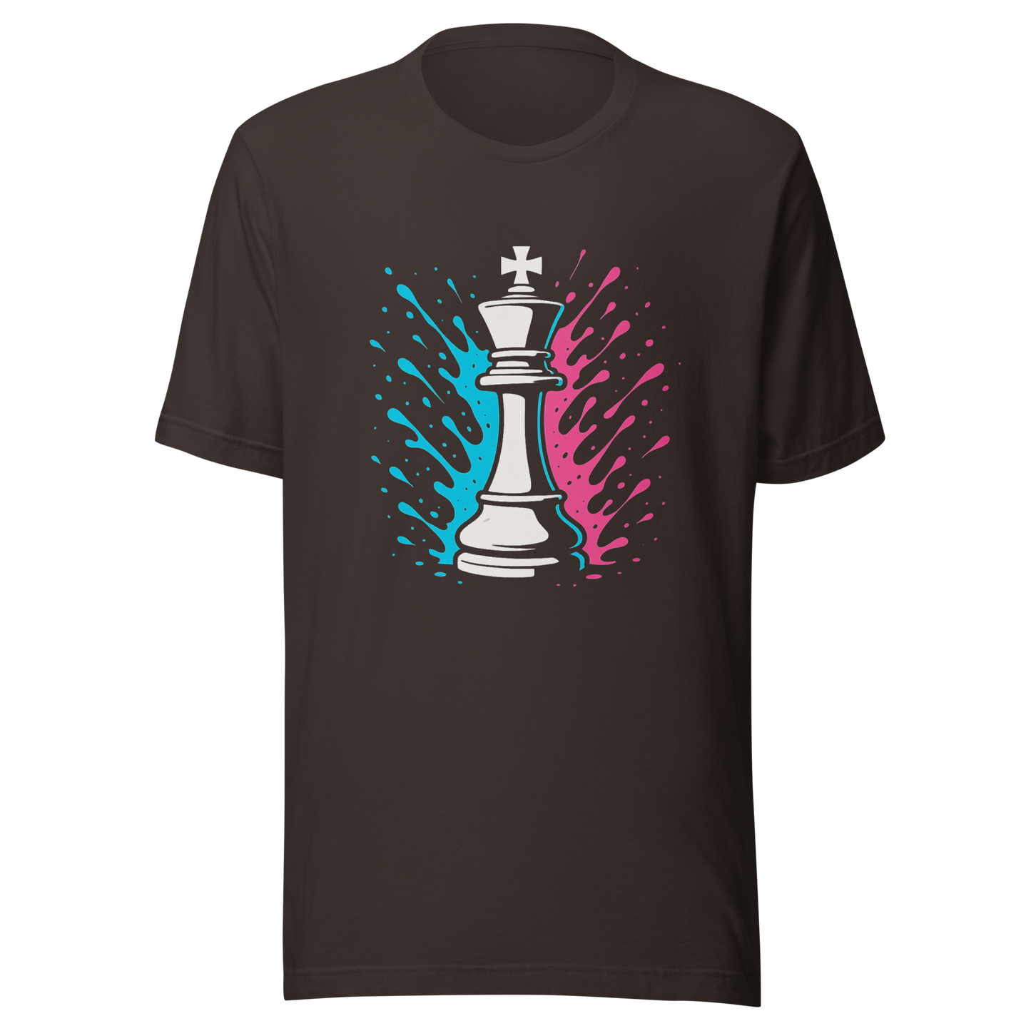 Braunes Partnerlook T-Shirt mit Schach König und blau pinken Farbspritzern
