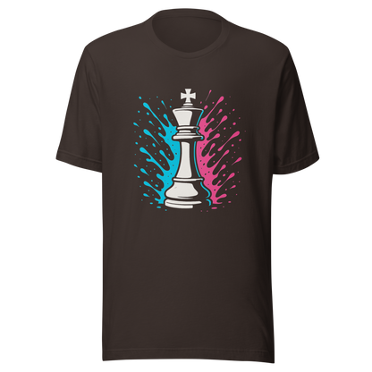 Braunes Partnerlook T-Shirt mit Schach König und blau pinken Farbspritzern