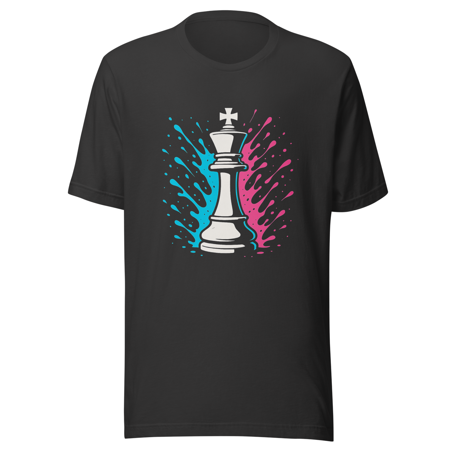 Graues Partnerlook T-Shirt mit Schach König und blau pinken Farbspritzern