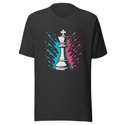Graues Partnerlook T-Shirt mit Schach König und blau pinken Farbspritzern