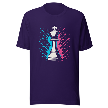 Lila Partnerlook T-Shirt mit Schach König und blau pinken Farbspritzern